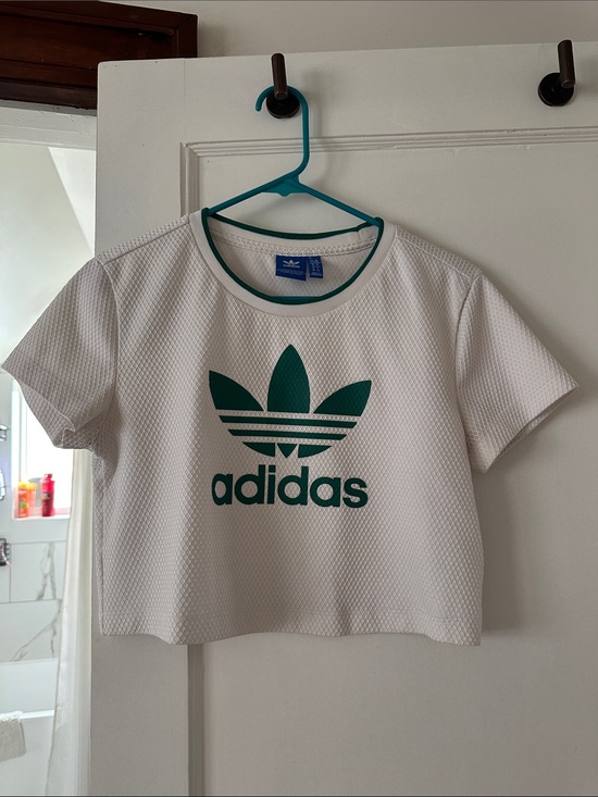 adidas Tops - adidas White Cropped Tee with Green Trefoil Logo